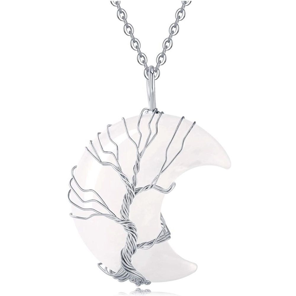 Silver and Natural Clear Quartz Crescent Moon Tree of Life Pendant Necklace